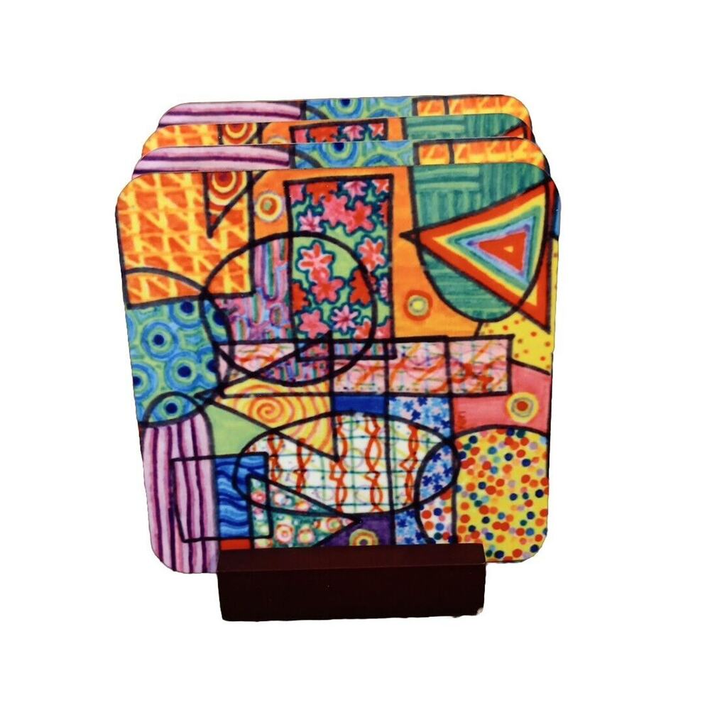 Colorful Cork Mosaic Abstract Style 4 Drink Coasters on Wood‎ Bar Stand 3.75"sq